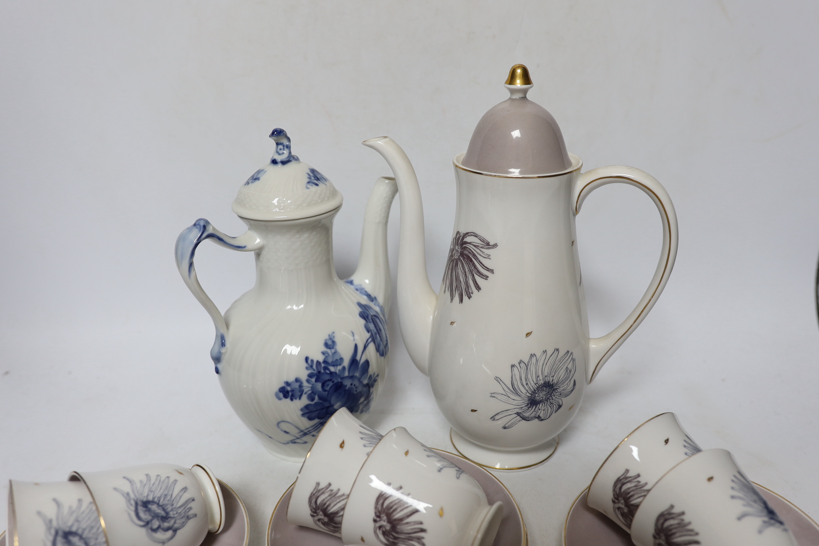 A Royal Copenhagen blue and white coffee pot and cover and a Susie Cooper Marguerite pattern part coffee service